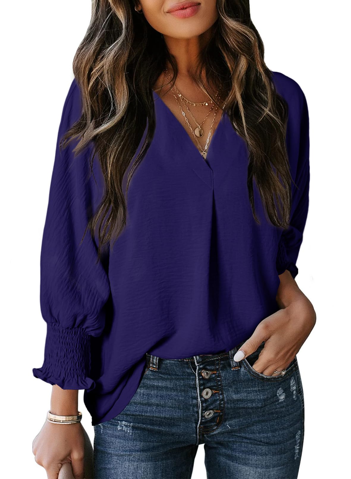 Dokotoo Womens Tops Spring Fashion 2024 Babydoll Tops V Neck Shirts Ladies Tops and Blouses Business Casual Tops 3/4 Sleeve Tops Dressy Blouse Womens Clothing Navy Blue Blouses for Women XXL