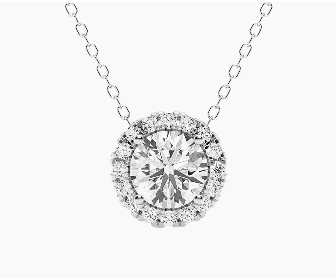 AGI Certified Lab-Grown Diamond Halo Pendant Necklace in 14kt White Gold โ 1 CTW or 2 CTW