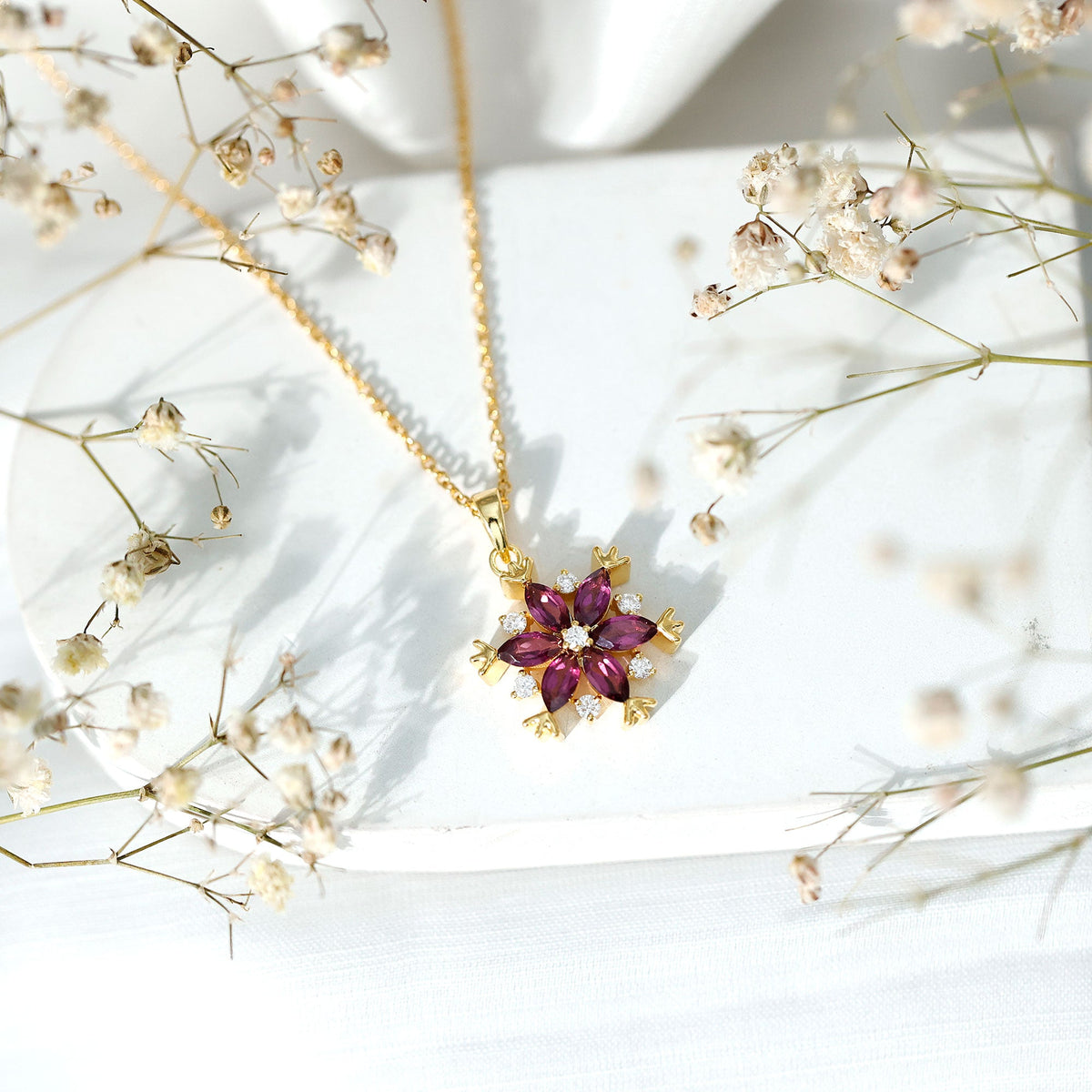 Rhodolite Garnet Flower Necklace in Gold Plated Silver