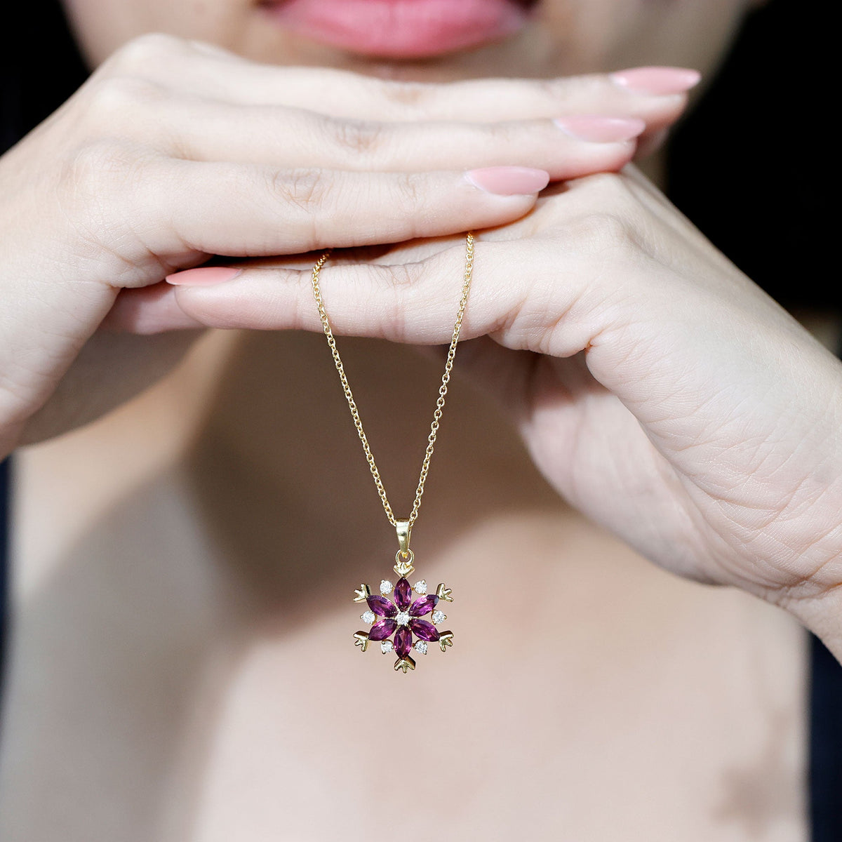 Rhodolite Garnet Flower Necklace in Gold Plated Silver