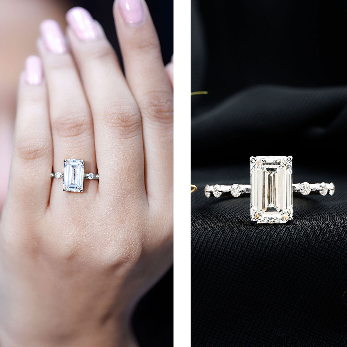 IGI Certified 4 Carat Lab Grown Emerald Cut Diamond Engagement Ring with Spaced Accent