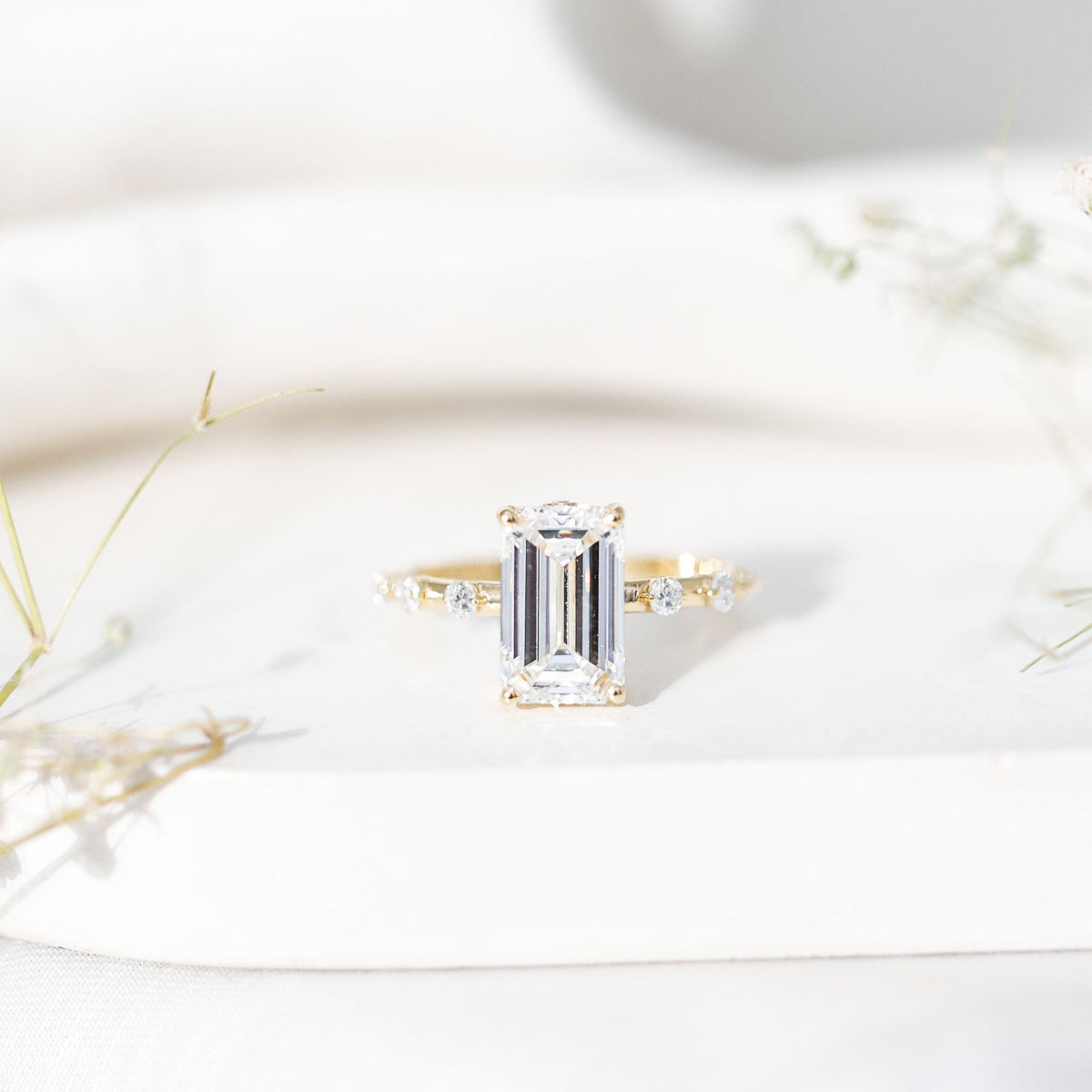 IGI Certified 4 Carat Lab Grown Emerald Cut Diamond Engagement Ring with Spaced Accent
