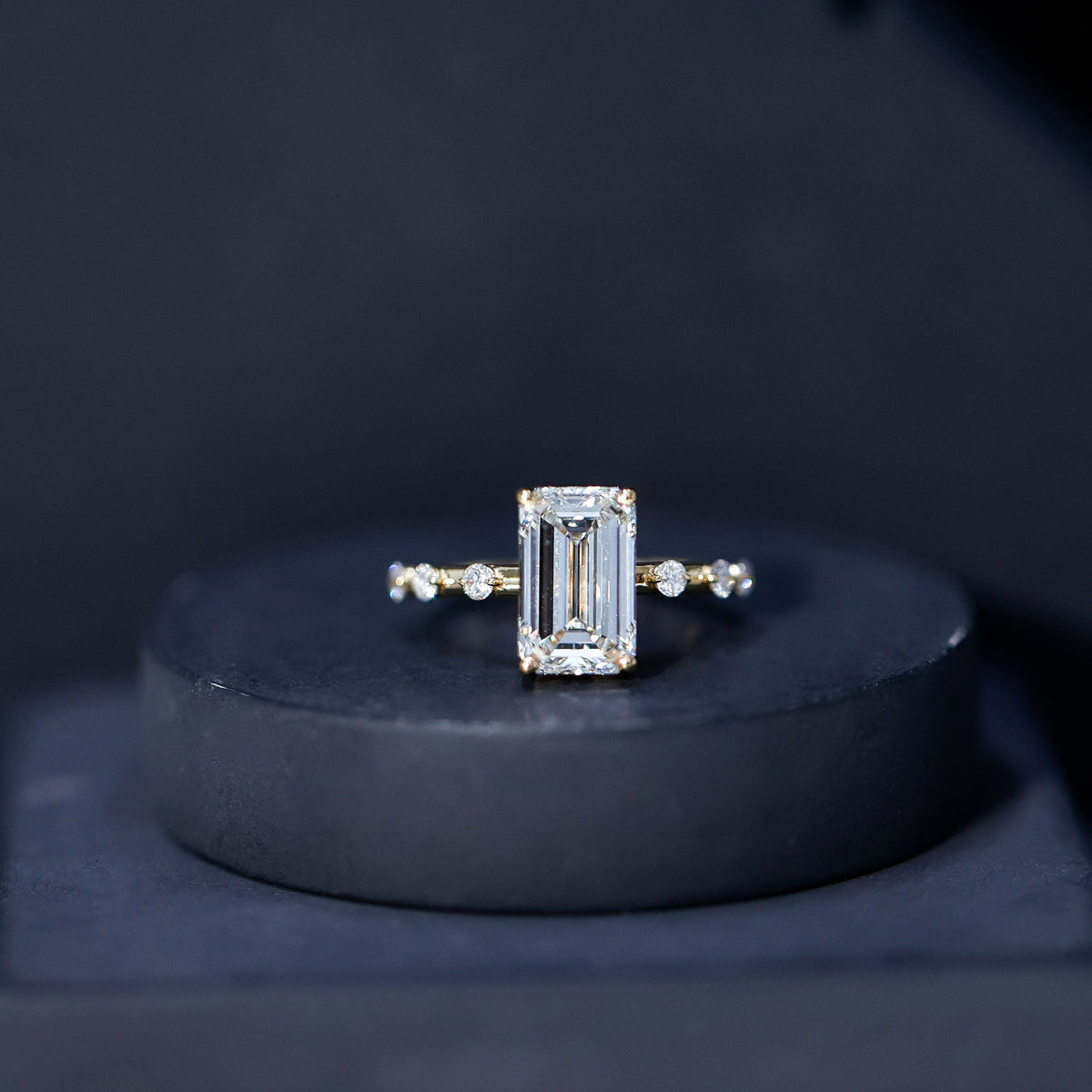 IGI Certified 4 Carat Lab Grown Emerald Cut Diamond Engagement Ring with Spaced Accent