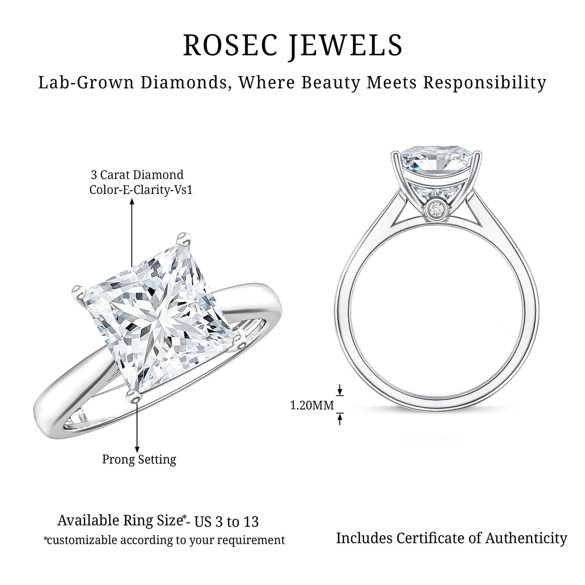 IGI Certified Lab Grown 3 Carat Diamond Princess Cut Engagement Ring Solitaire