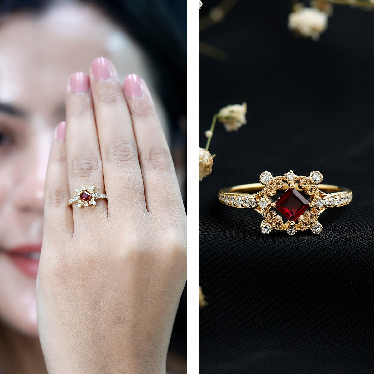 Certified Lab Grown Ruby Diamond Retro Engagement Ring