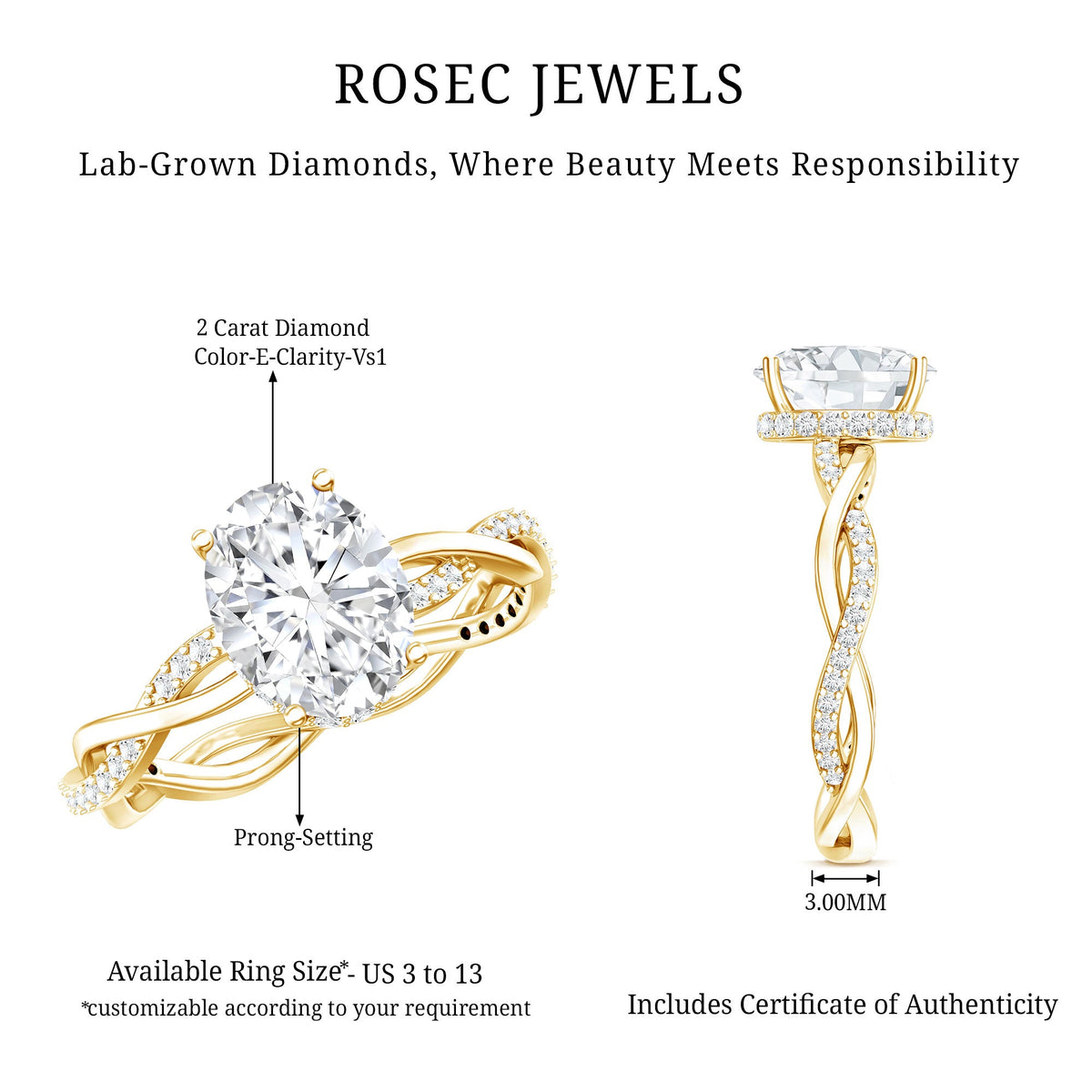 IGI Certified 2 Carat Lab Grown Diamond Oval Hidden Halo Engagement Ring with Braided Band