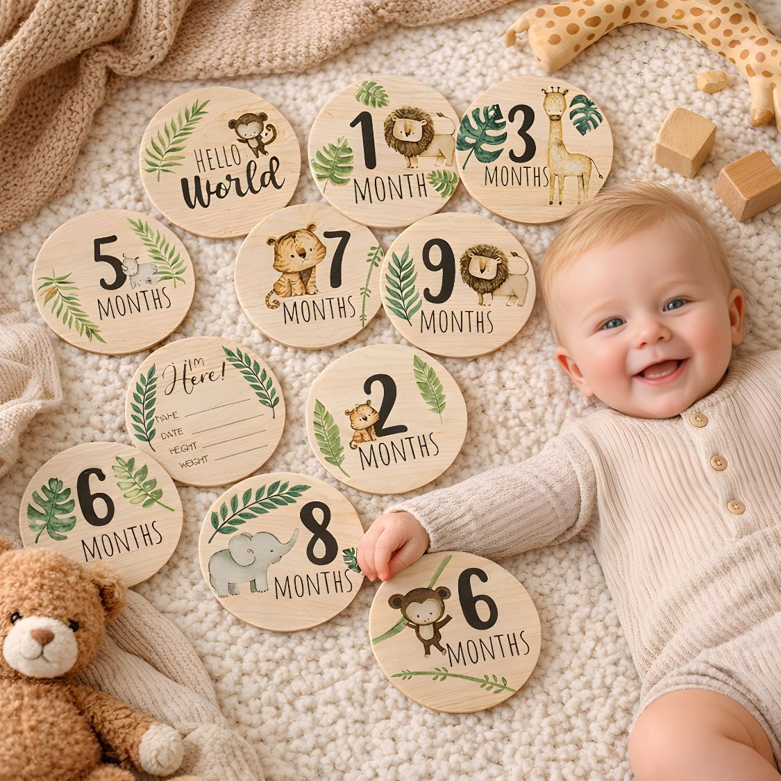 Wooden Baby Milestone Cards – Safari Theme Monthly Photo Props | Newborn to 1 Year Gift Set