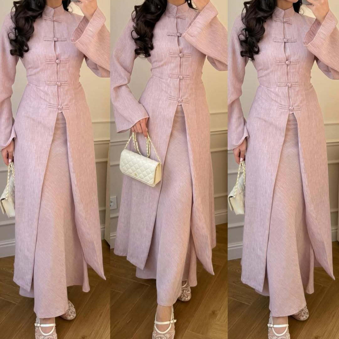 Chinese Frog Button Stand Collar Top & Wide-Leg Maxi Skirt Co-ord Set(MS483)