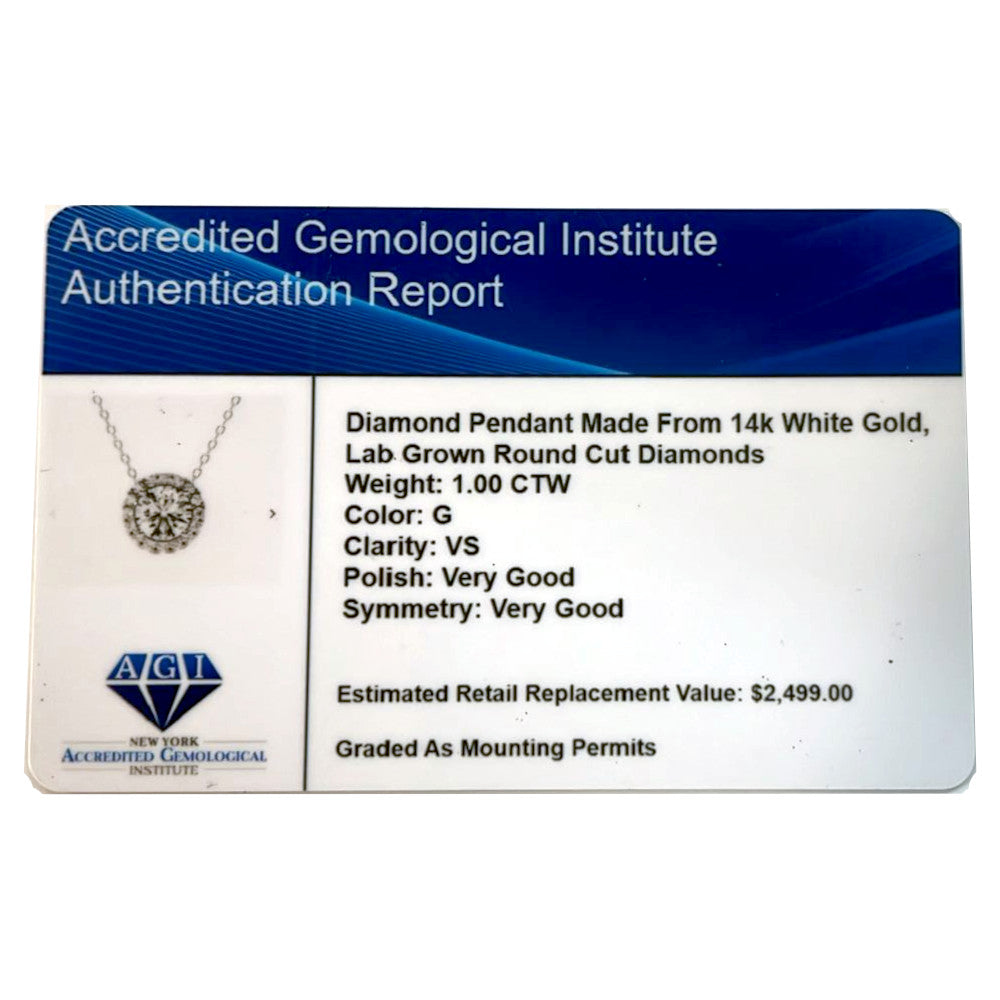 AGI Certified Lab-Grown Diamond Halo Pendant Necklace in 14kt White Gold โ 1 CTW or 2 CTW