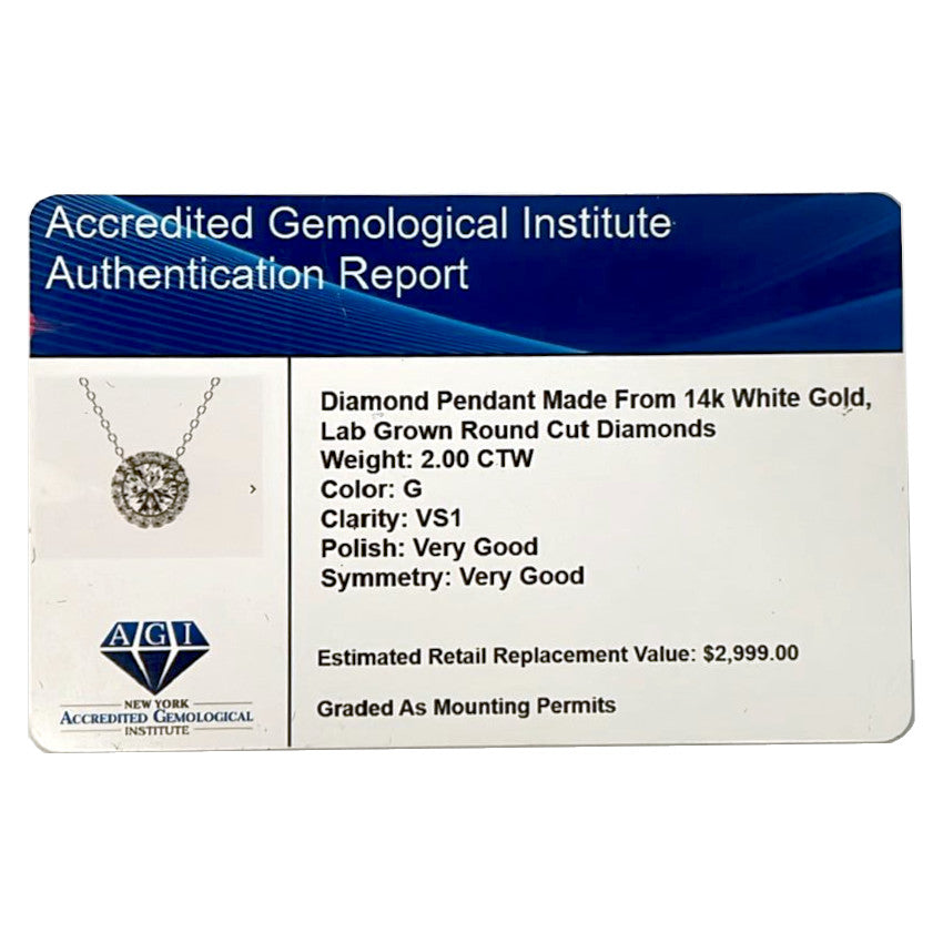 AGI Certified Lab-Grown Diamond Halo Pendant Necklace in 14kt White Gold โ 1 CTW or 2 CTW