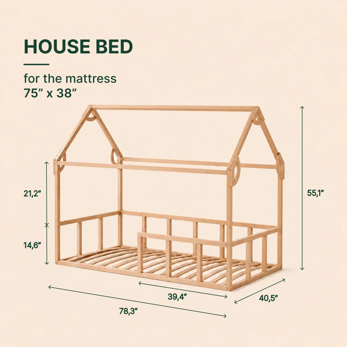 Twin Size Montessori House Bed for Kids with Fence