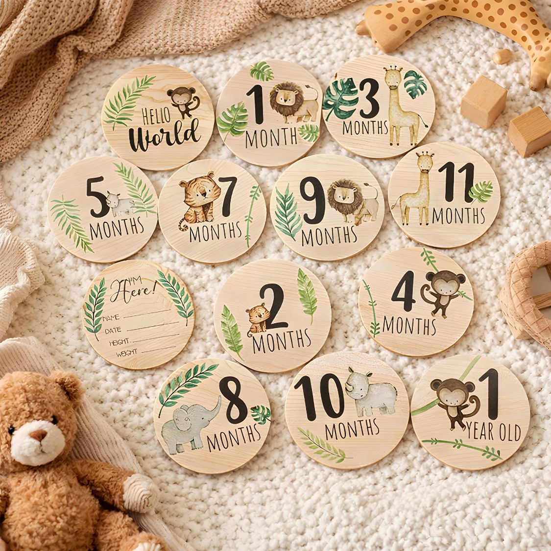 Wooden Baby Milestone Cards – Safari Theme Monthly Photo Props | Newborn to 1 Year Gift Set