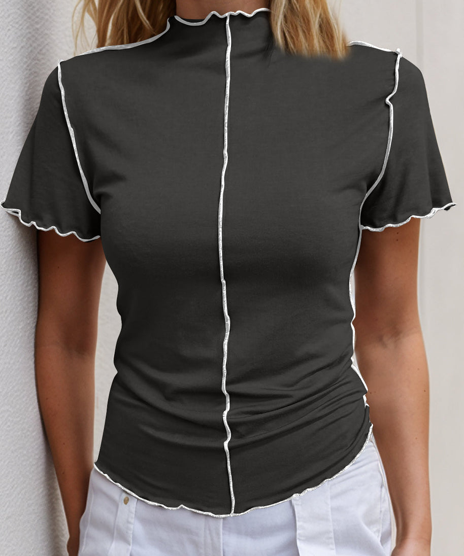 Basic Bae Contrast Trim Mock Neck Short Sleeve T-Shirt
