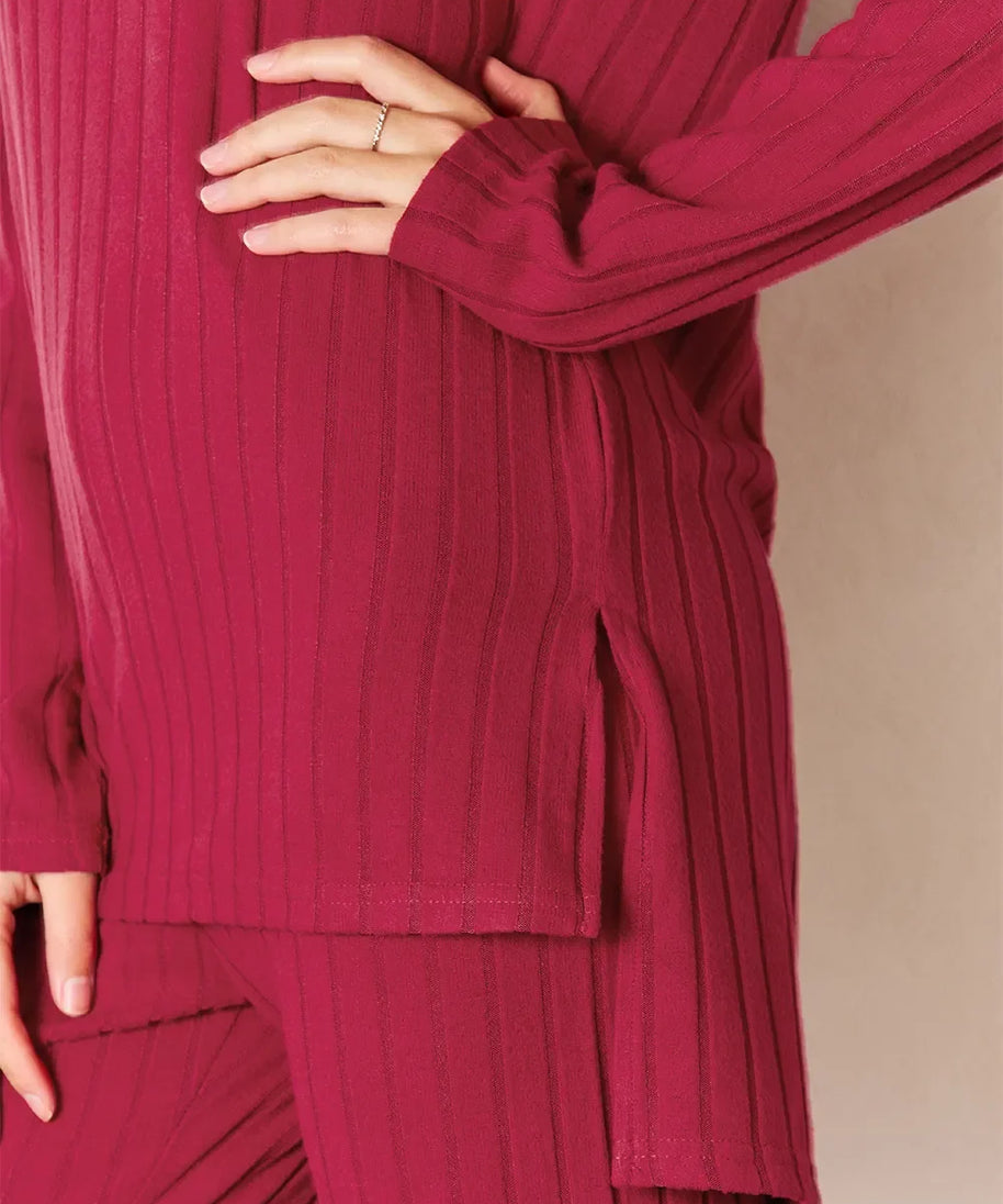 Basic Bae Full Size Ribbed Round Neck High-Low Slit Top and Pants Set