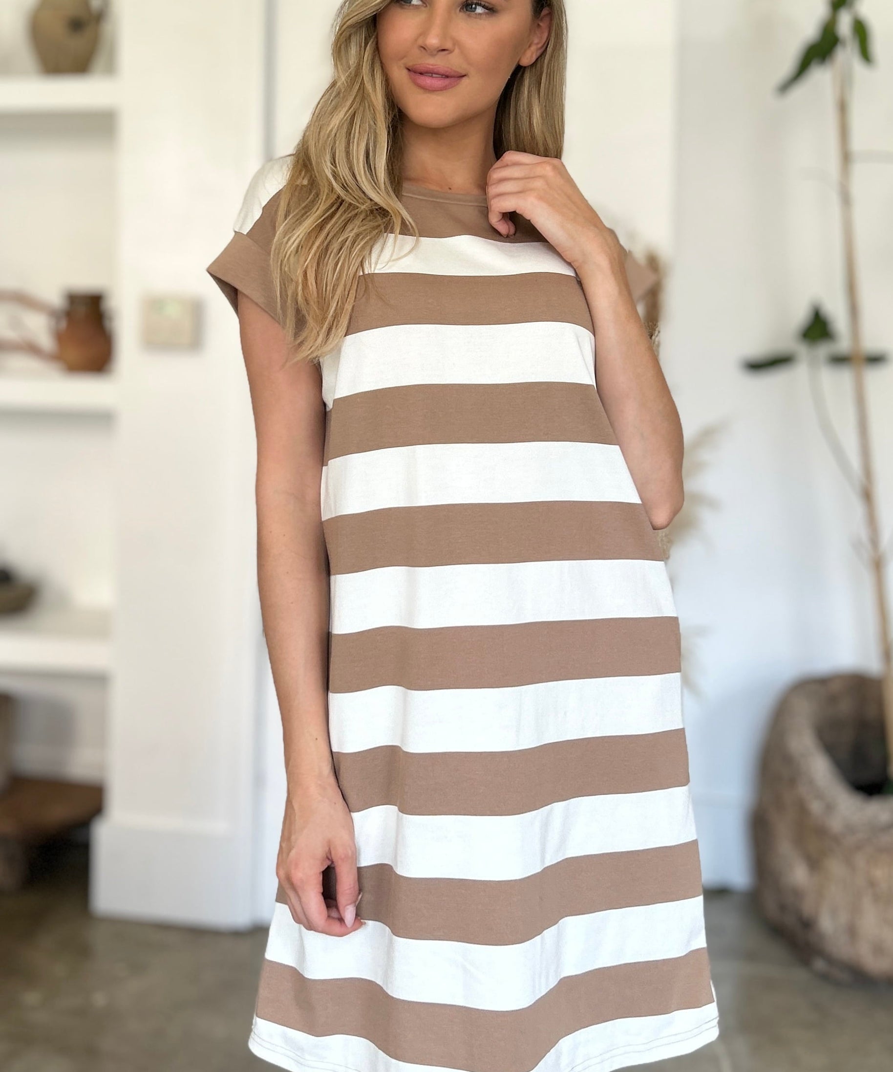 Basic Bae Full Size Striped Round Neck Cap Sleeve Mini Dress