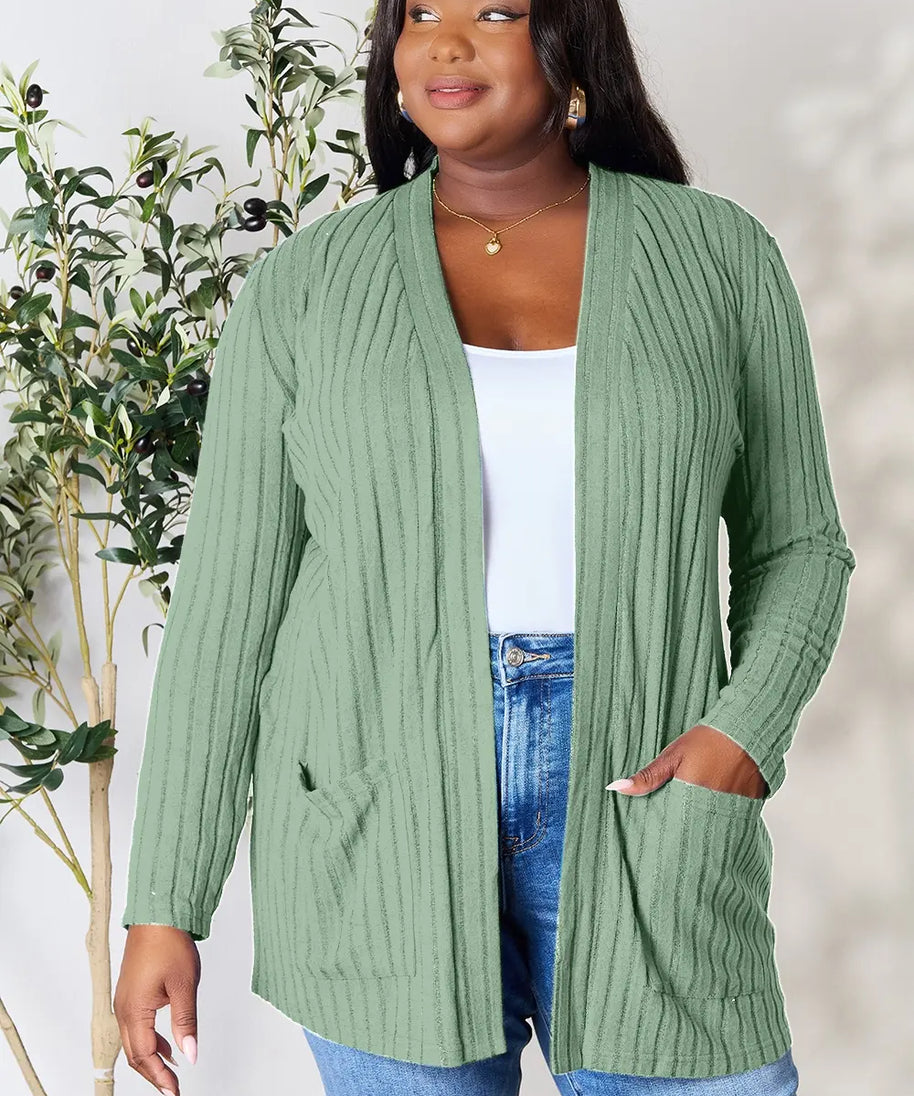 Basic Bae Full Size Ribbed Open Front Cardigan with Pockets
