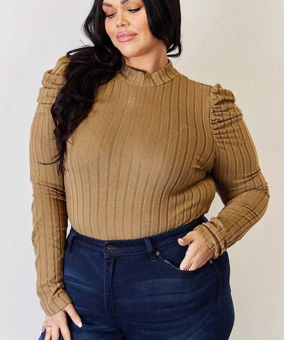 Basic Bae Full Size Ribbed Mock Neck Puff Sleeve T-Shirt