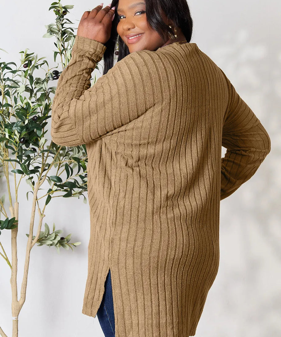 Basic Bae Full Size Ribbed Round Neck Long Sleeve Slit Top