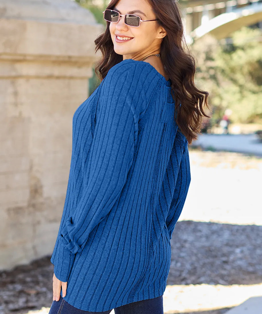 Basic Bae Full Size Ribbed Round Neck Long Sleeve Knit Top