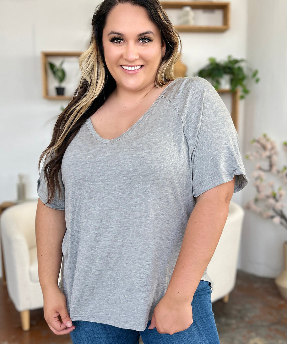 Basic Bae Full Size Bamboo Slit V-Neck Short Sleeve T-Shirt