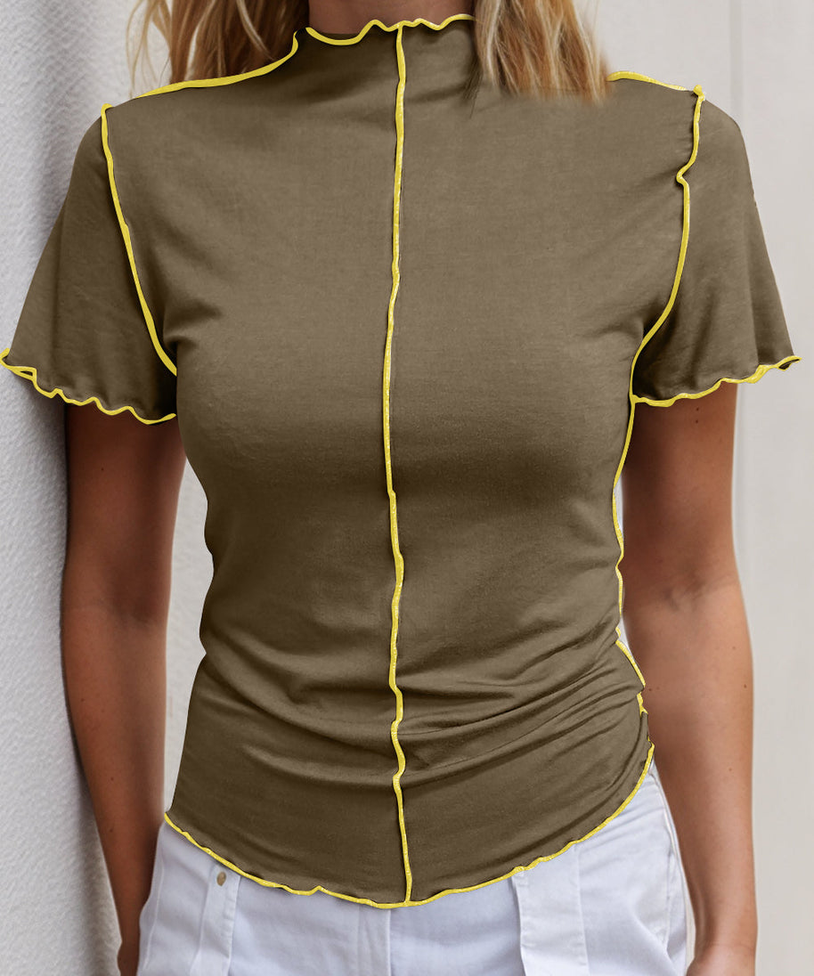 Basic Bae Contrast Trim Mock Neck Short Sleeve T-Shirt
