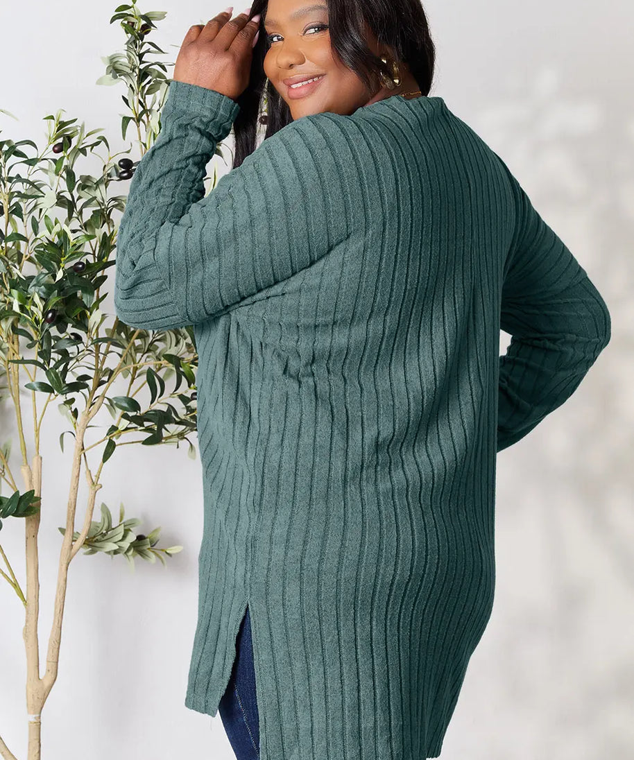 Basic Bae Full Size Ribbed Round Neck Long Sleeve Slit Top
