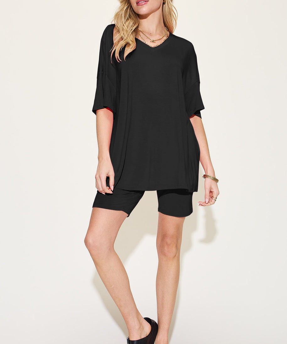 Basic Bae Bamboo Full Size  V-Neck Drop Shoulder T-Shirt and Shorts Set