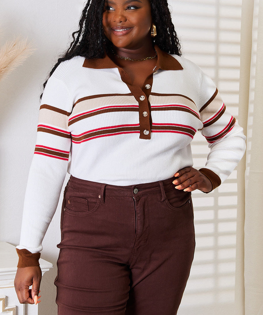 Basic Bae Striped Collared Neck Rib-Knit Top