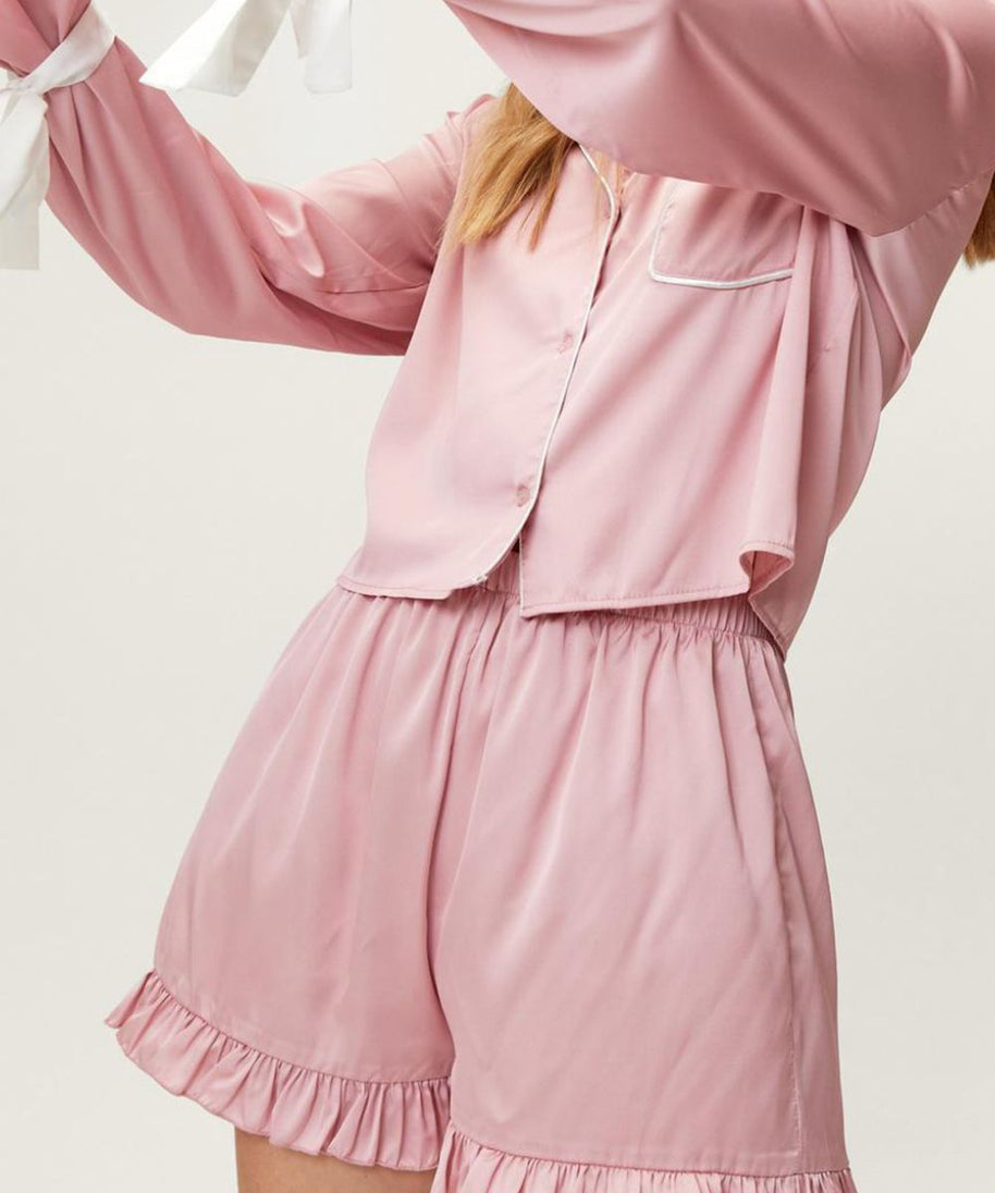 Basic Bae Tied Cuff Collared Neck Top and Frill Shorts Lounge Set