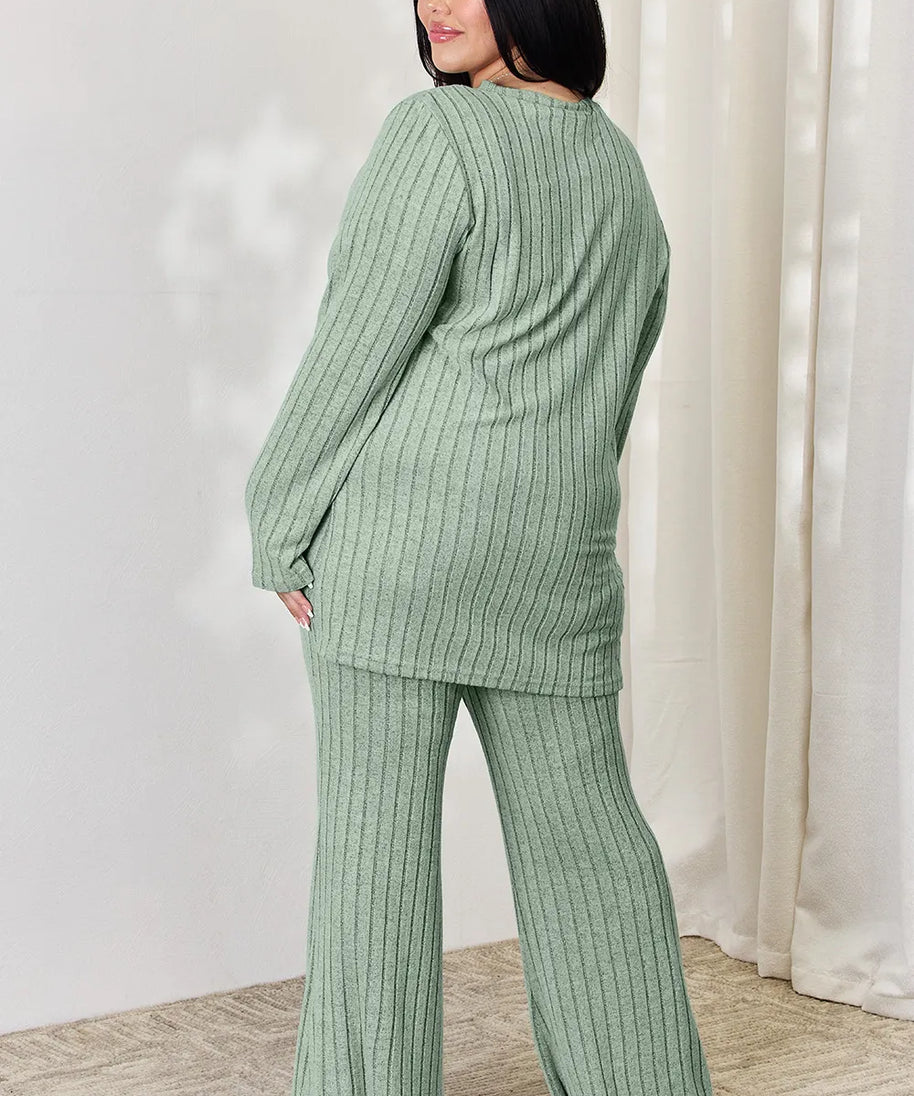 Basic Bae Full Size Ribbed High-Low Top and Wide Leg Pants Set