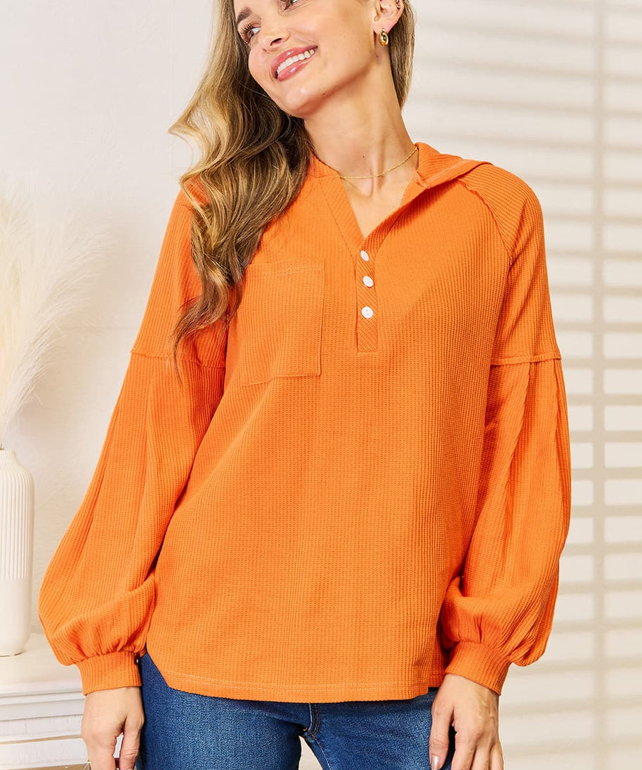 Basic Bae Side Slit Buttoned Waffle Knit Hoodie