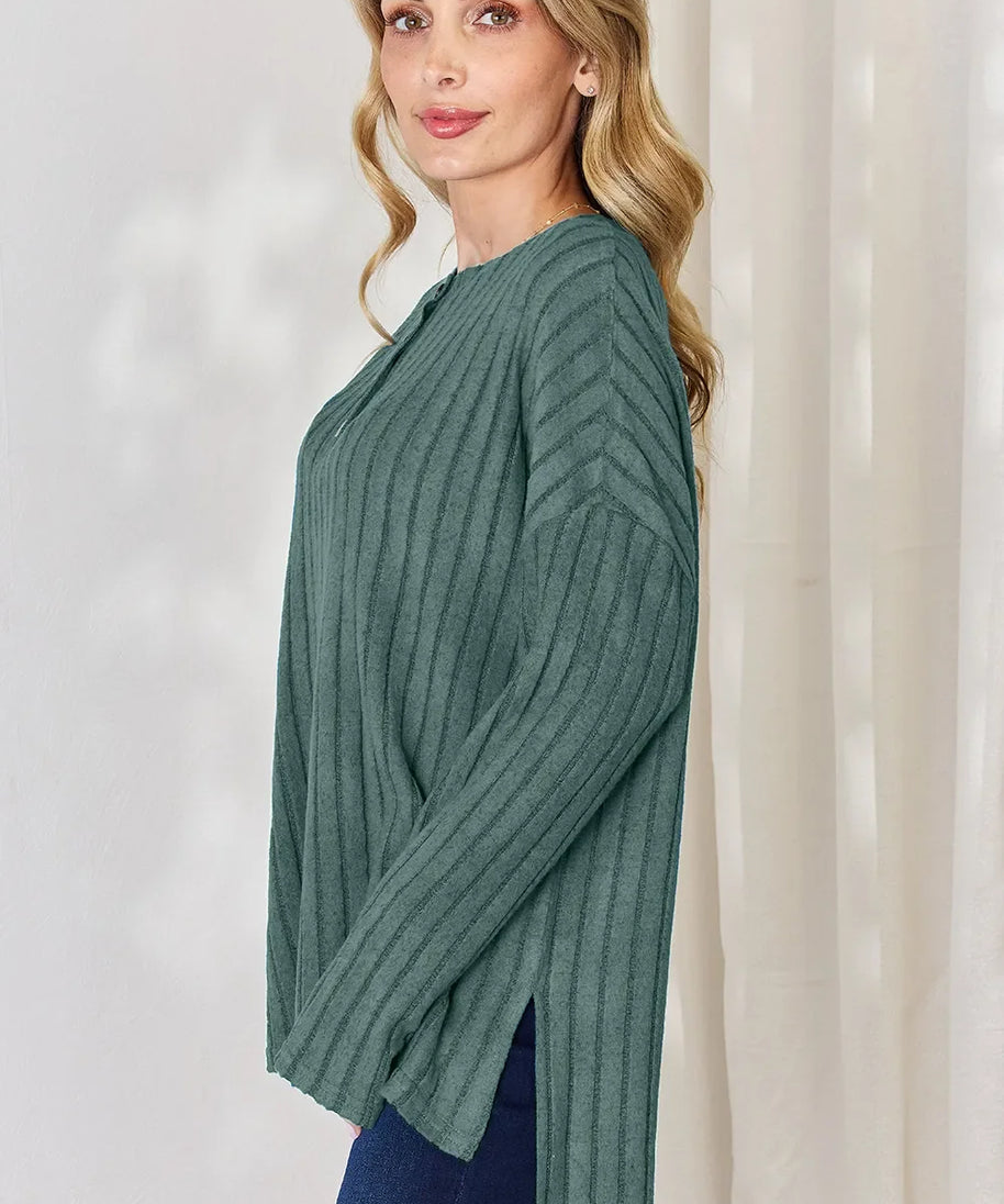 Basic Bae Full Size Ribbed Half Button Long Sleeve High-Low T-Shirt