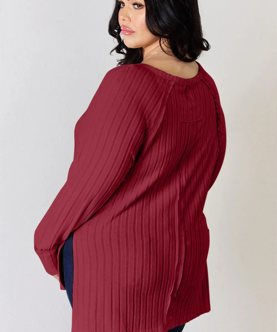 Basic Bae Full Size Ribbed Round Neck Slit T-Shirt