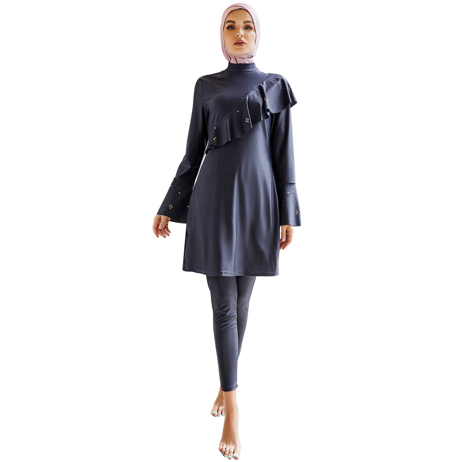 Muslim Swimsuits for Women Modest Islamic Arabic Swimwear Burkini Full Cover Hijab Long Sleeve Muslim Dress Tops + Pants Set with Swim Cap Sun Protection Rash Guard Bathing Suit Grey-Blue XL