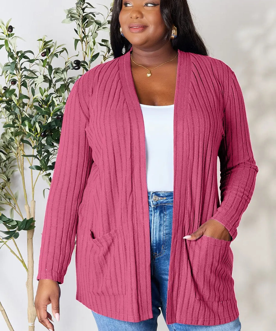 Basic Bae Full Size Ribbed Open Front Cardigan with Pockets