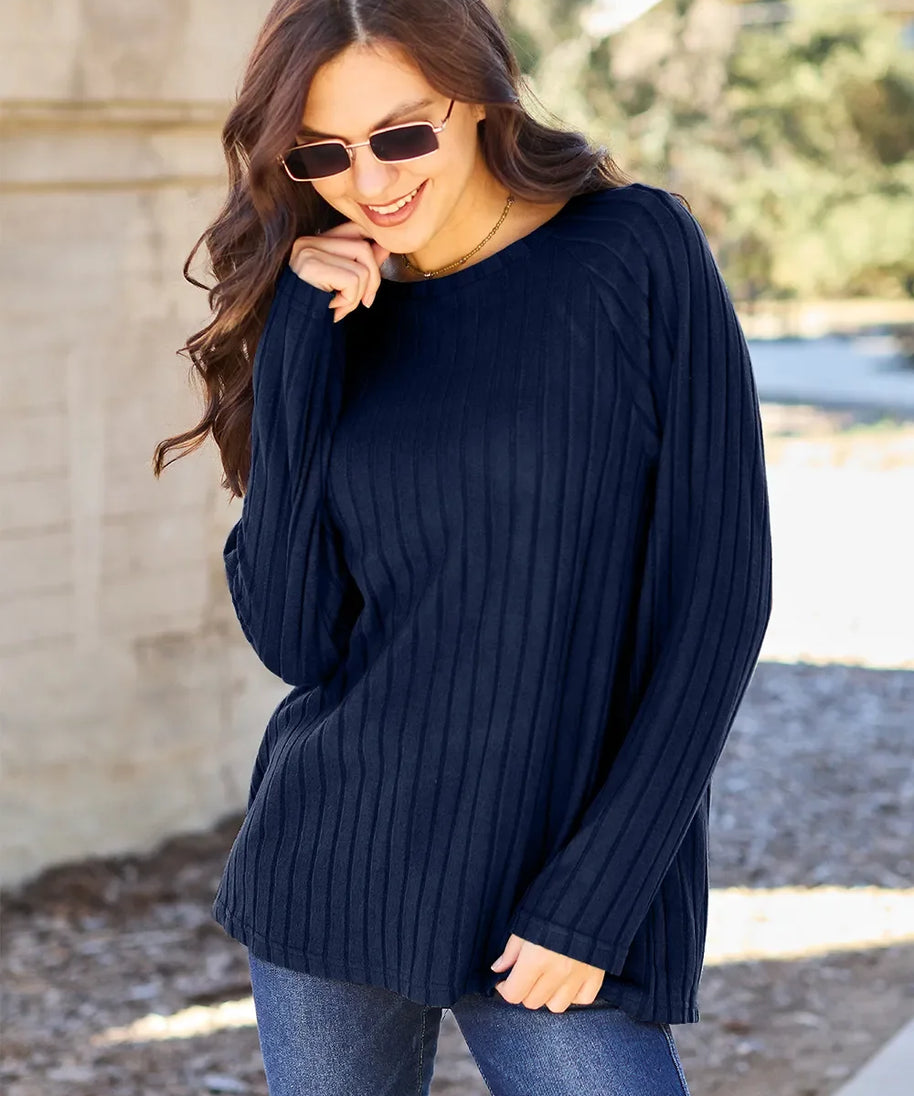 Basic Bae Full Size Ribbed Round Neck Long Sleeve Knit Top