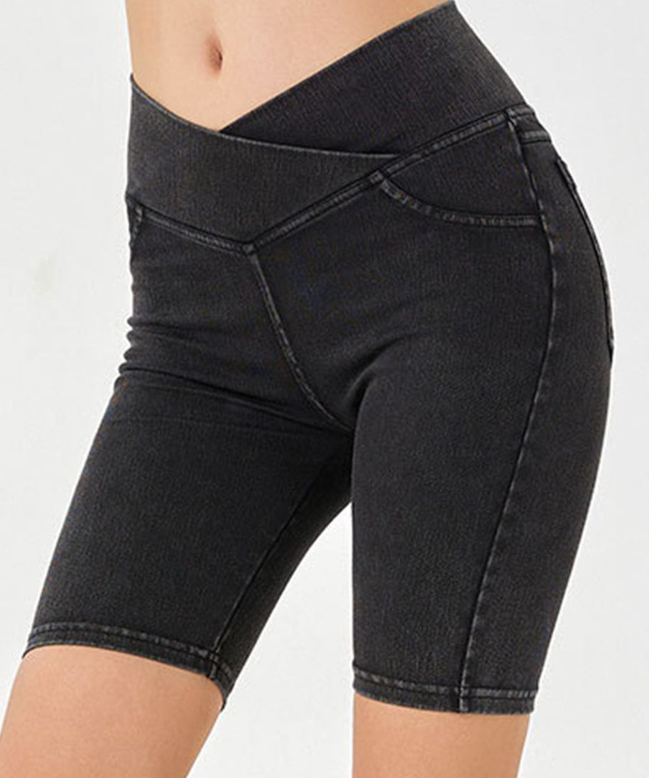 Basic Bae Asymmetrical Waist Denim Shorts with Pockets