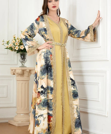 Morocco Muslim Abaya Dress 2 Piece Set with Embroidery