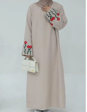 Floral Embroidery Muslim Dress for Women – Modest Viscose Abaya with Long Sleeves