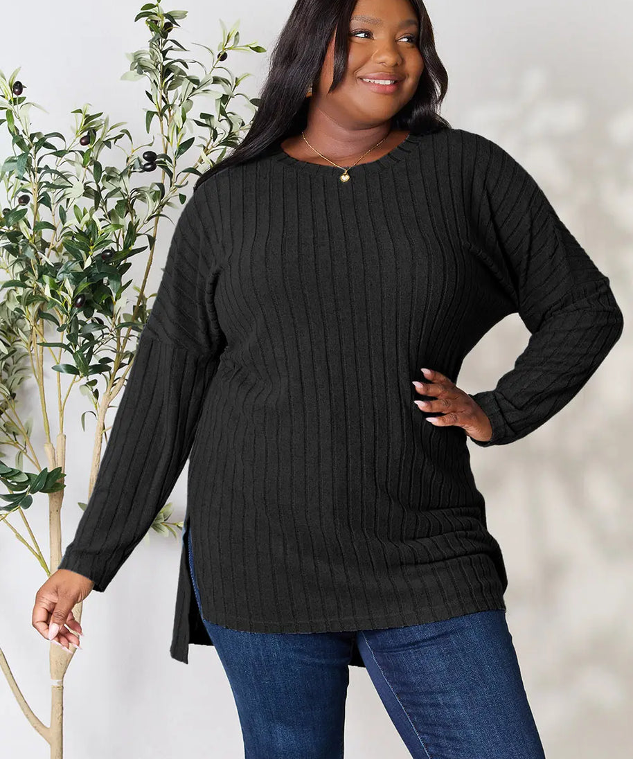 Basic Bae Full Size Ribbed Round Neck Long Sleeve Slit Top