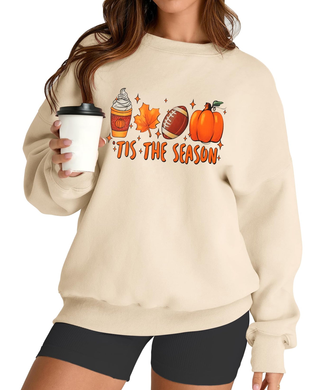 AKEWEI Women Oversized Sweatshirt Fall Winter Outfits 2024 Teen Girl Clothing Graphic Preppy Crewneck Halloween Sweatshirts Fleece Pullover Sweater (Apricot Autumn S)