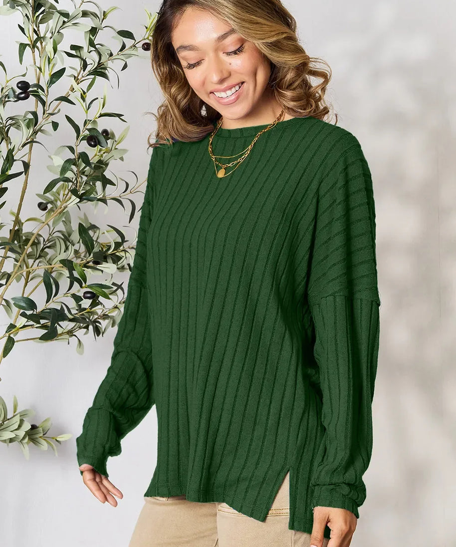 Basic Bae Full Size Ribbed Round Neck Slit Knit Top