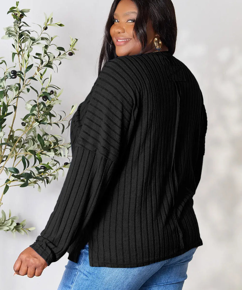 Basic Bae Full Size Ribbed Round Neck Slit Knit Top