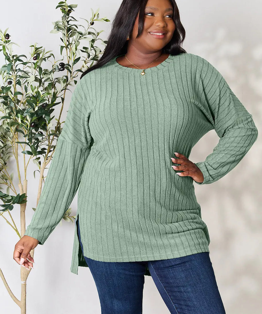 Basic Bae Full Size Ribbed Round Neck Long Sleeve Slit Top