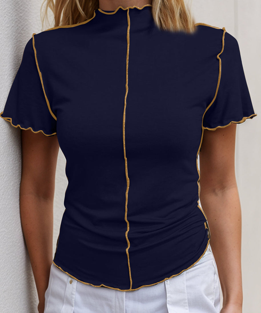 Basic Bae Contrast Trim Mock Neck Short Sleeve T-Shirt