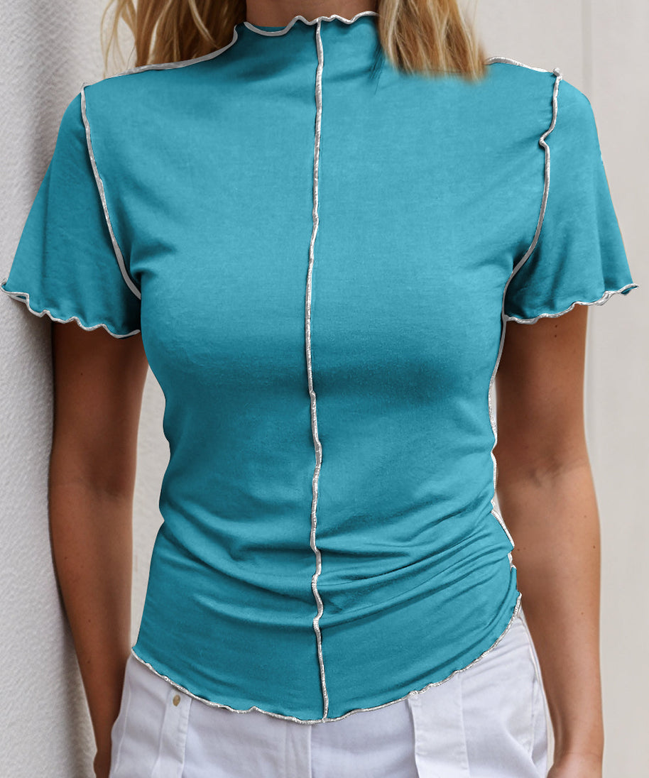 Basic Bae Contrast Trim Mock Neck Short Sleeve T-Shirt