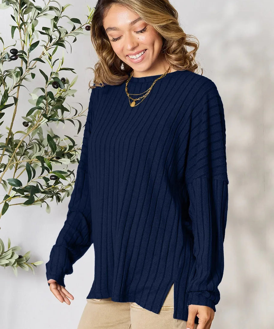 Basic Bae Full Size Ribbed Round Neck Slit Knit Top