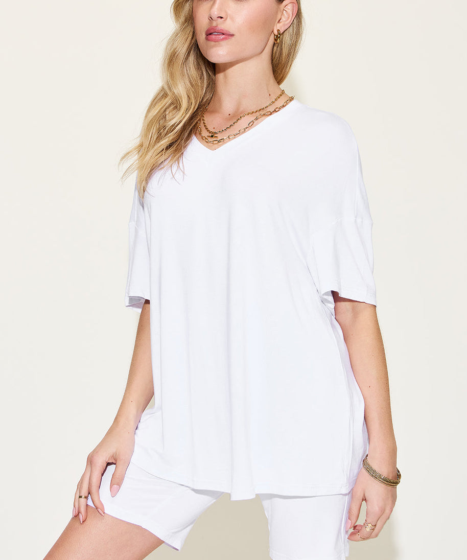 Basic Bae Full Size V-Neck Drop Shoulder T-Shirt and Shorts Set