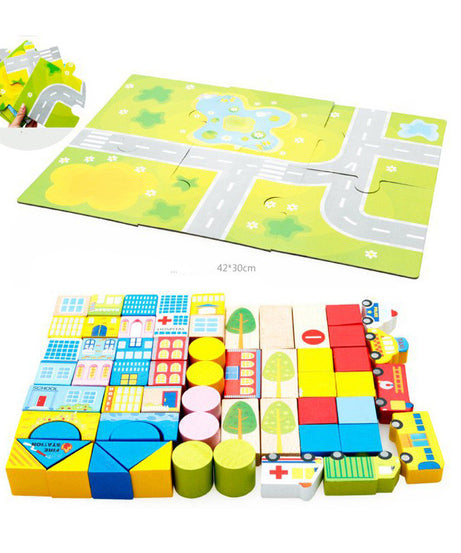 62-Piece City Traffic Wooden Building Blocks Set