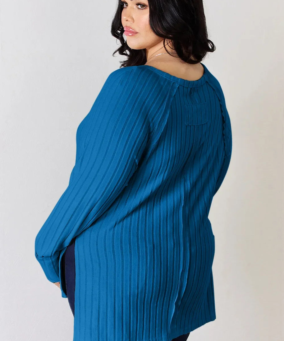 Basic Bae Full Size Ribbed Round Neck Slit T-Shirt